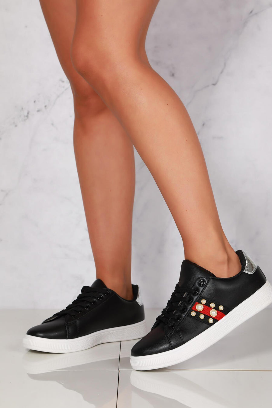 Ginnie pearl embellished three stripe trainer
