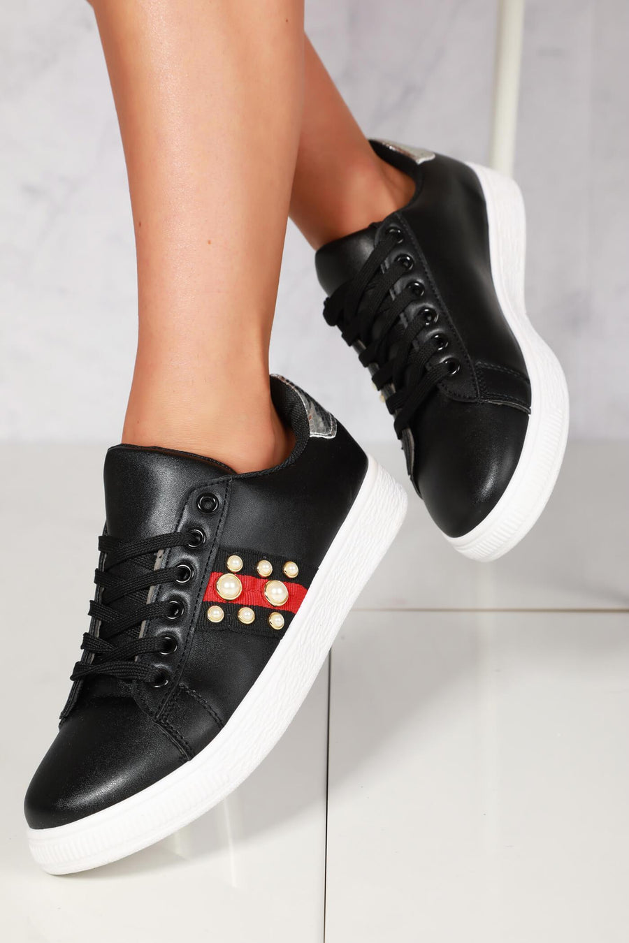 Ginnie pearl embellished three stripe trainer