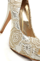 Rosemary high heel peep toe embroidered satin shoe